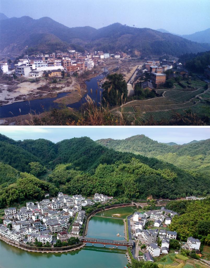 圖為浙江省杭州市淳安縣楓樹(shù)嶺鎮(zhèn)下姜村拼版圖，其中上圖為資料照片、下圖由新華社記者張鋮攝。